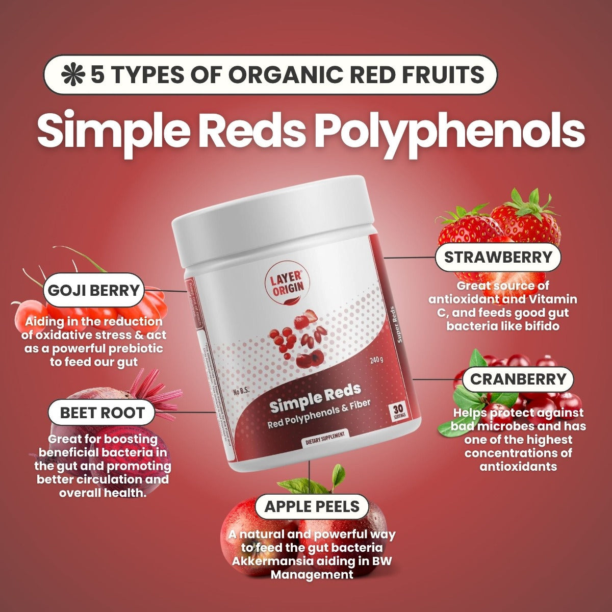 Simple Reds - Organic Red Polyphenols Fruit Powder Major Ingredients Whole Fruits - Layer Origin Nutrition