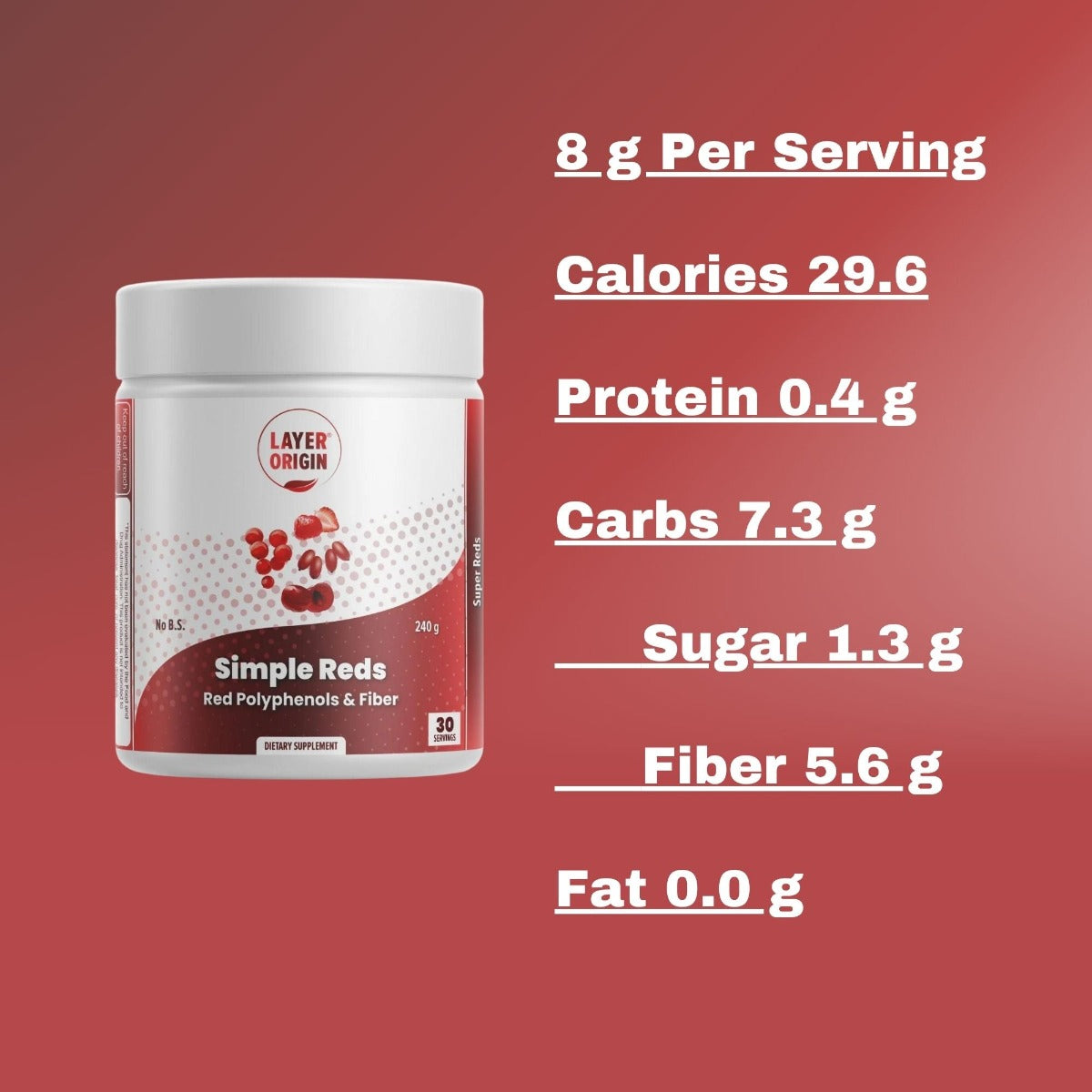 Simple Reds - Organic Red Polyphenols Fruit Powder Nutrition Facts - Layer Origin Nutrition - Nutritional Facts